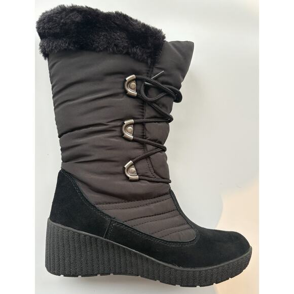 Totes Winter Boots Womens 6 Black Wedge Faux Fur Snow Waterproof Liz - Picture 1 of 5